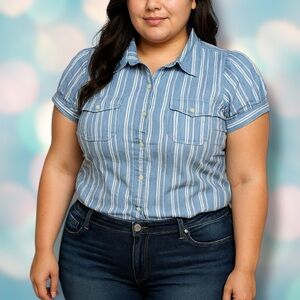 Tommy Hilfiger Women’s Blue Striped Button Down Short Sleeve Blouse Top Size XL